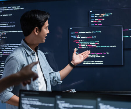 AI professional discussing and presenting a project