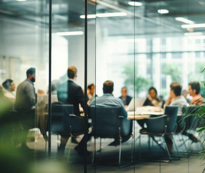 Defocused board meeting background behind glass wall