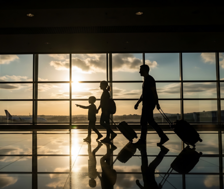 More Than Moving House. Silhouette of family at airport travelling with young child and luggage walking to departure gate.