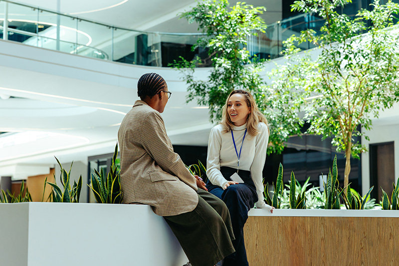 Two female colleagues enjoying a lunch break in a modern office