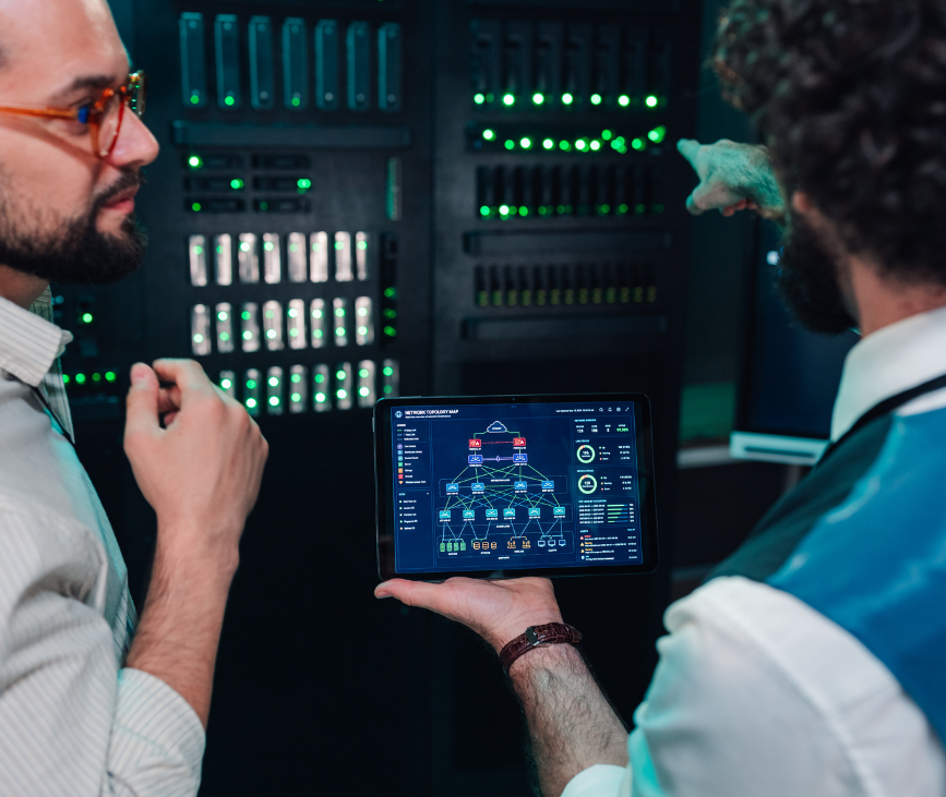 Real-World AI Implementation in Dutch Banking. IT experts supervising network topology and system performance in data center, managing server infrastructure